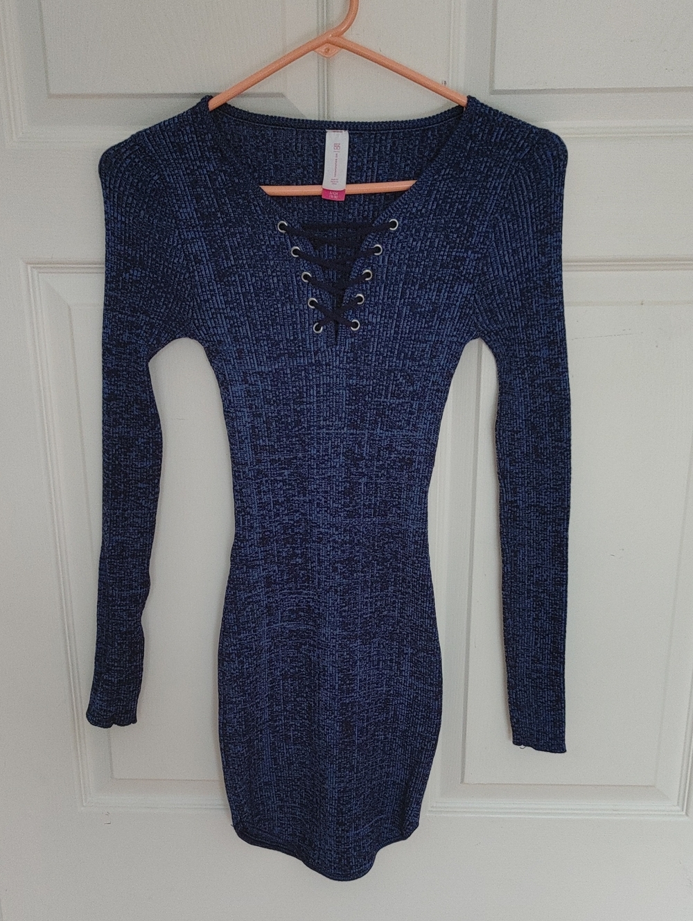 No Boundaries Dark Navy Lace-Up Ribbed Long Sleeve Bodycon Dress
